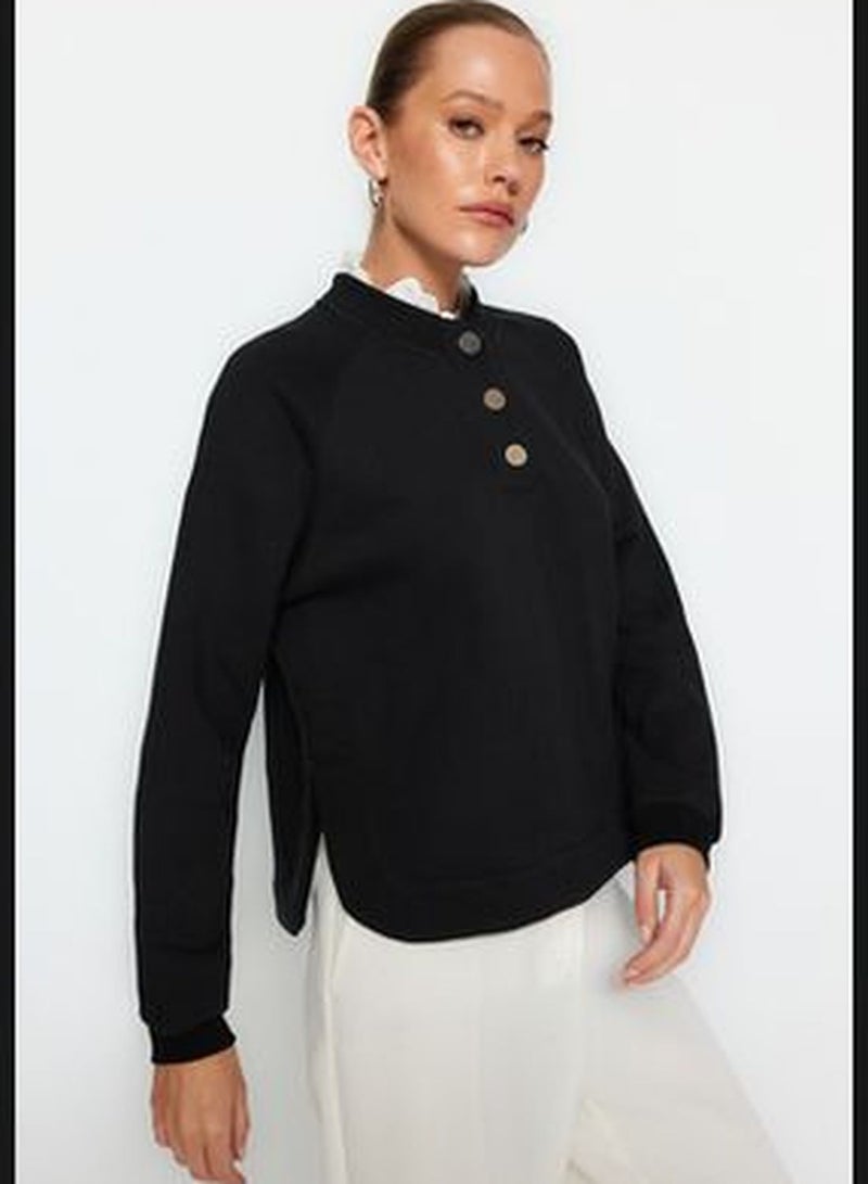 Black Thick Fleece Inside Collar Detailed and Buttoned Regular/Regular Knitted Sweatshirt