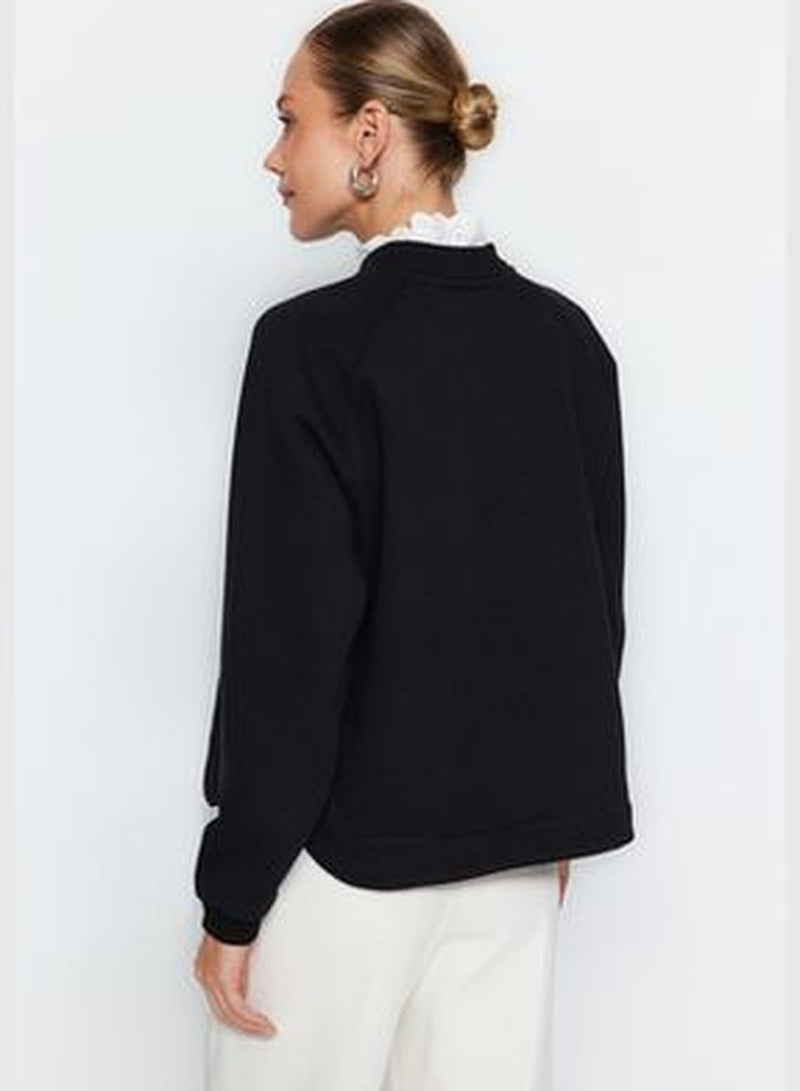 Black Thick Fleece Inside Collar Detailed and Buttoned Regular/Regular Knitted Sweatshirt