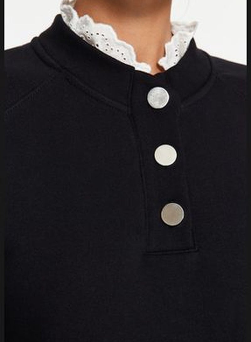 Black Thick Fleece Inside Collar Detailed and Buttoned Regular/Regular Knitted Sweatshirt