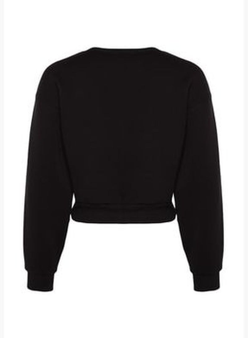 Black Comfortable Cut Crop Basic Crew Neck Thick Fleece Inside Knitted Sweatshirt TWOAW24SW00147.