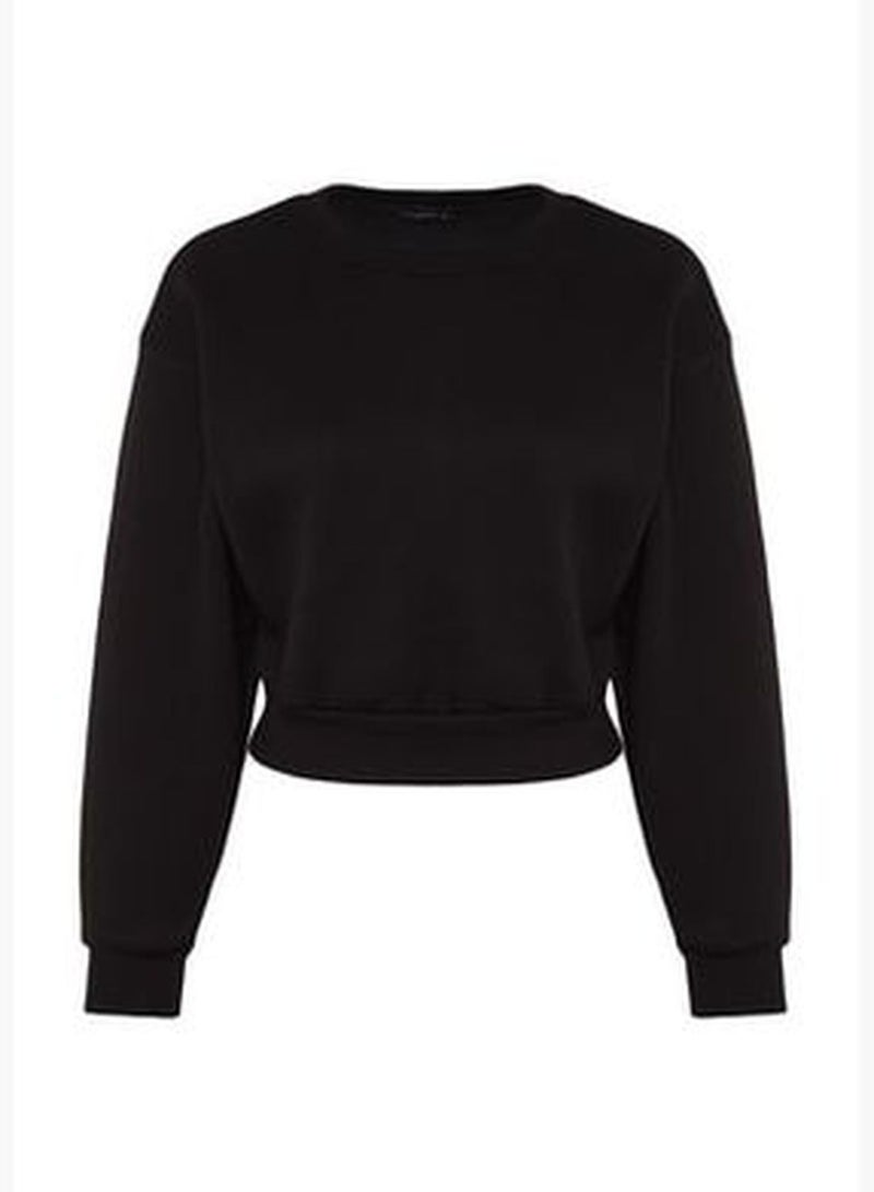 Black Comfortable Cut Crop Basic Crew Neck Thick Fleece Inside Knitted Sweatshirt TWOAW24SW00147.