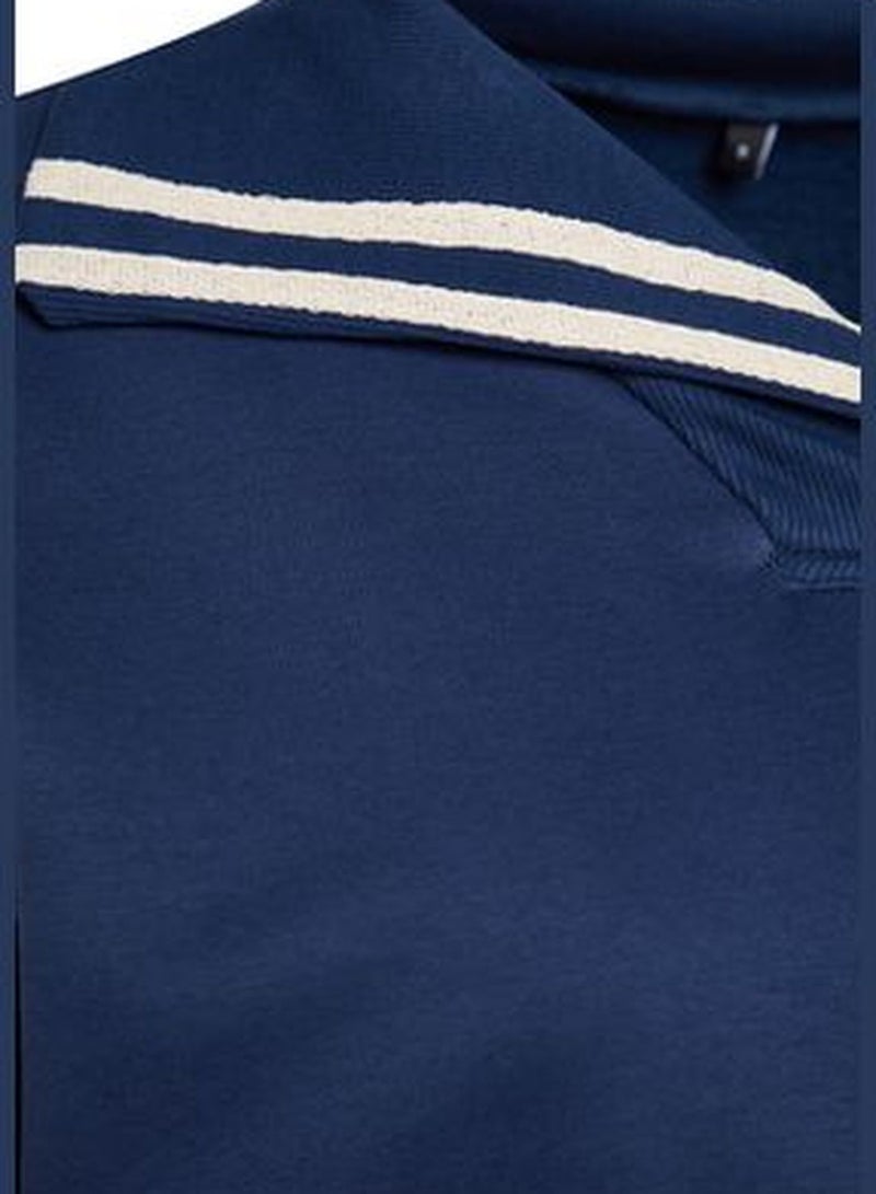 Navy Blue Oversize/Wide Fit Collar Detail Diagonal Knitted Sweatshirt TWOAW24SW00052.