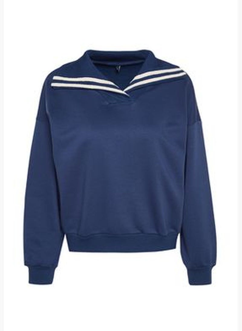 Navy Blue Oversize/Wide Fit Collar Detail Diagonal Knitted Sweatshirt TWOAW24SW00052.