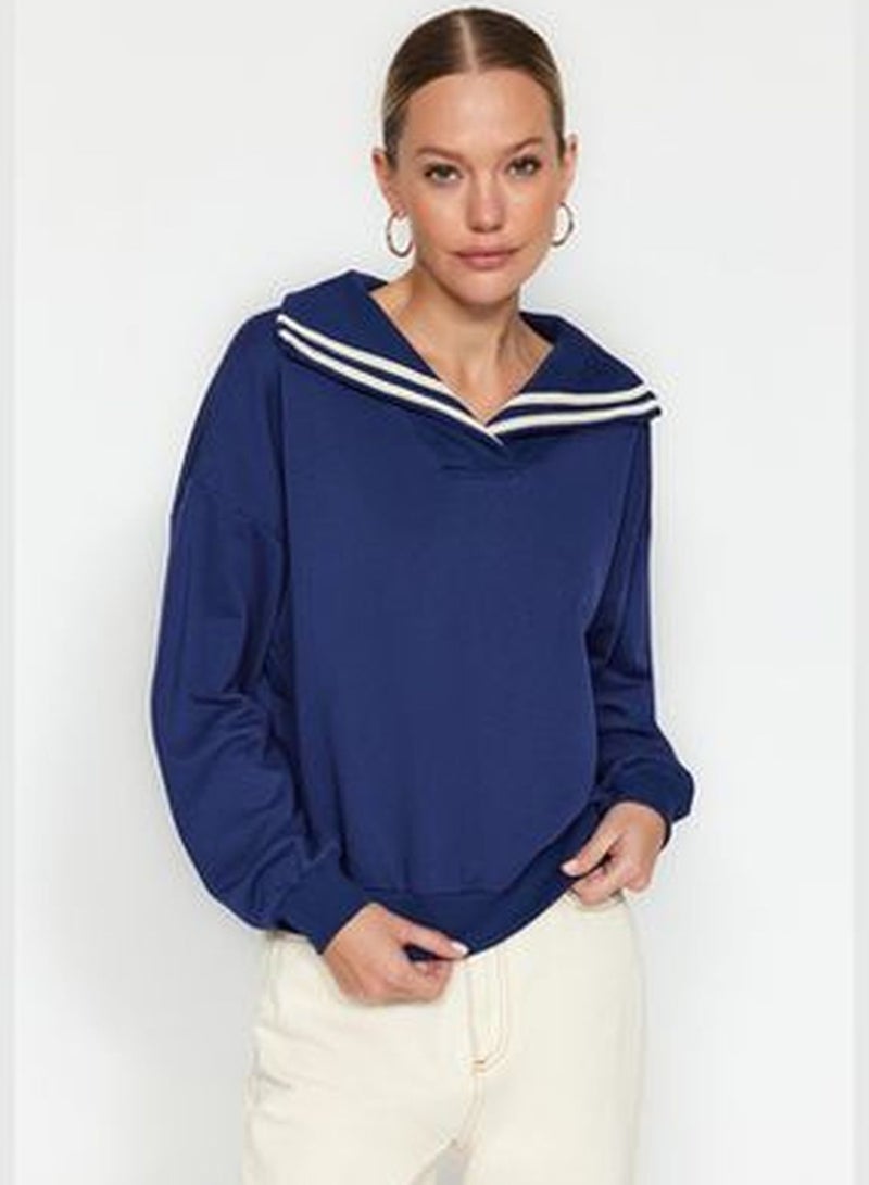 Navy Blue Oversize/Wide Fit Collar Detail Diagonal Knitted Sweatshirt TWOAW24SW00052.