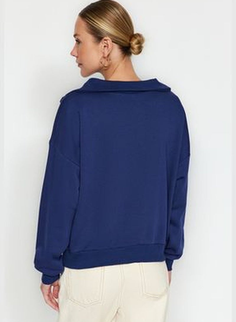 Navy Blue Oversize/Wide Fit Collar Detail Diagonal Knitted Sweatshirt TWOAW24SW00052.