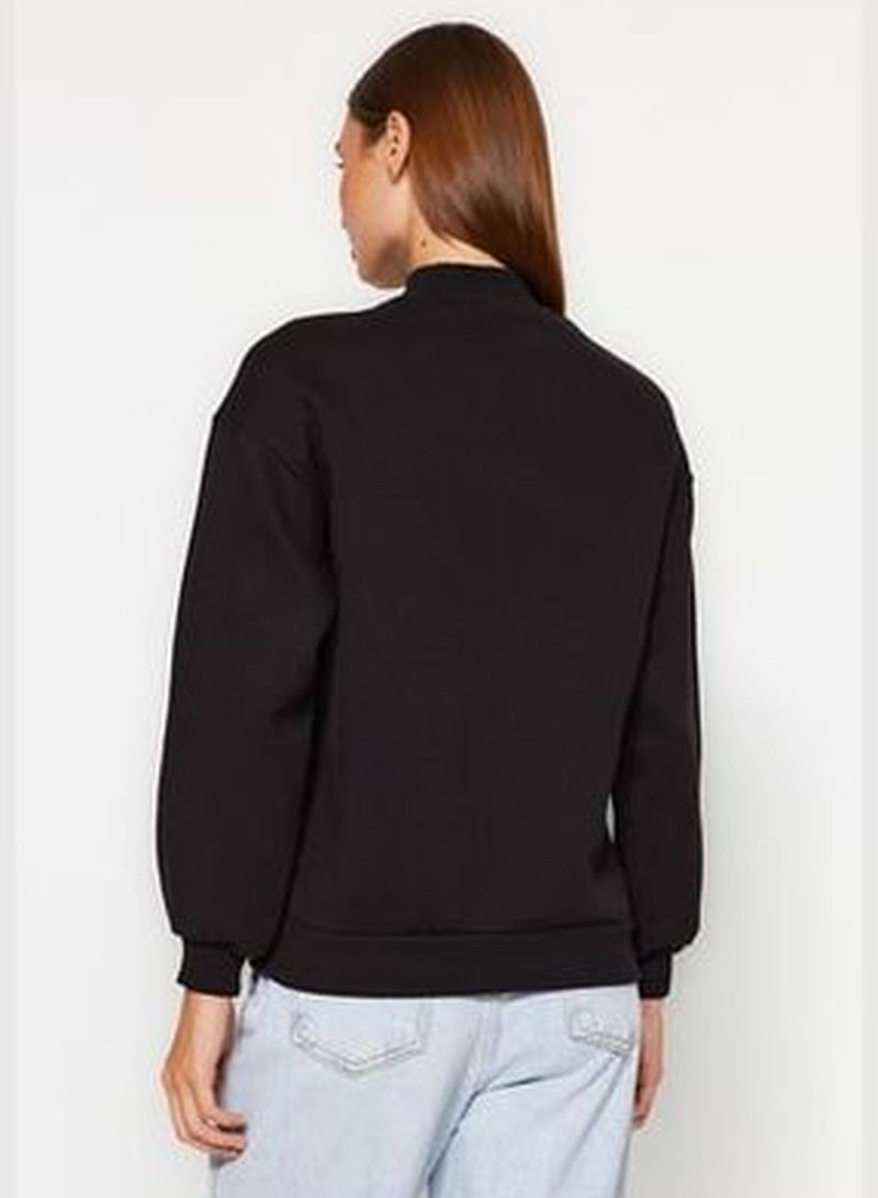 Black Stand-Up Collar Loose Knitted Sweatshirt