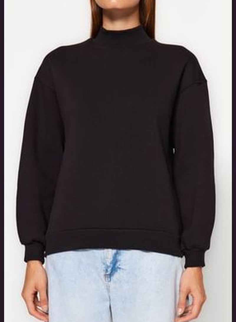 Black Stand-Up Collar Loose Knitted Sweatshirt