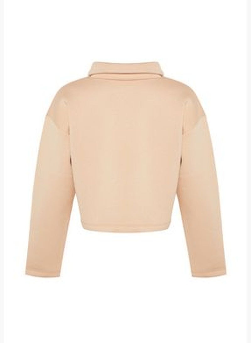 Mink Relaxed-Cut Crop Stand-Up Collar Snap Fastener Thick Fleece Knitted Sweatshirt TWOAW24SW00008.