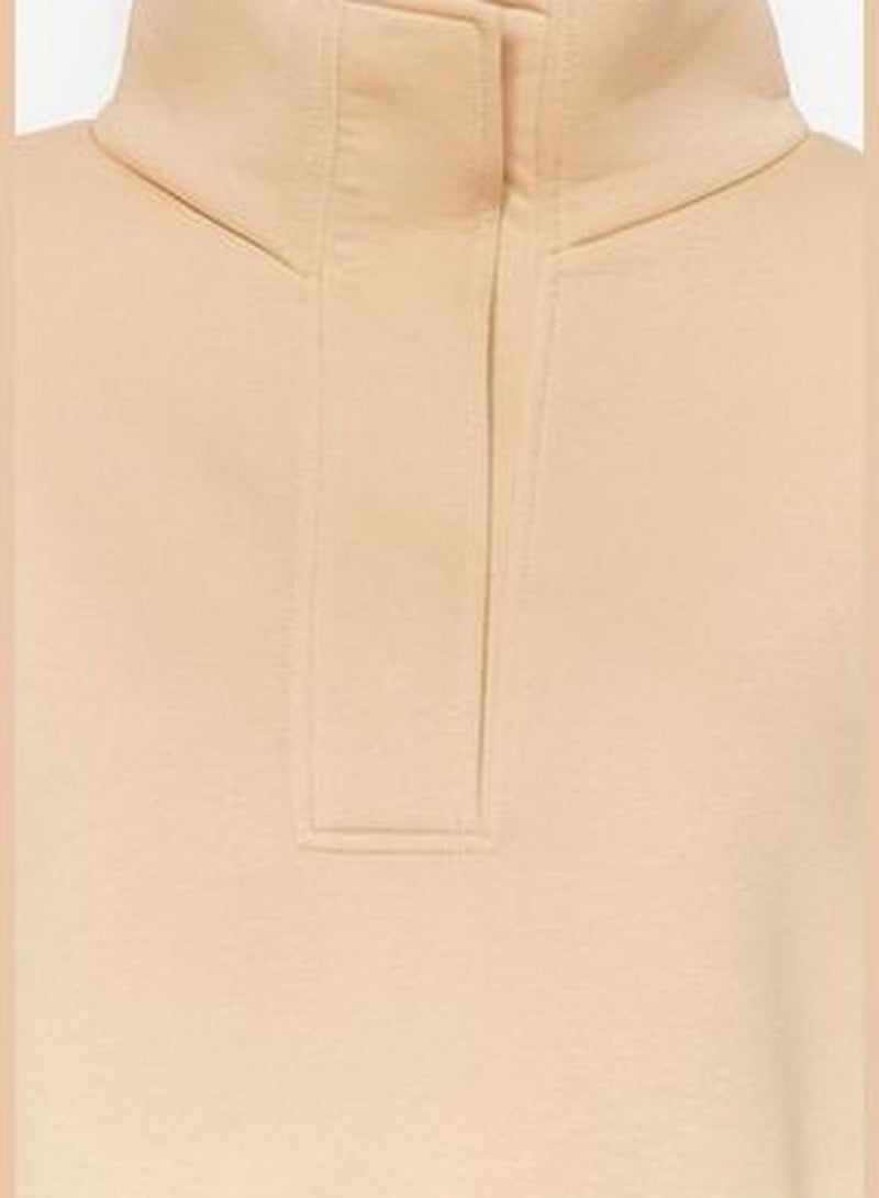 Mink Relaxed-Cut Crop Stand-Up Collar Snap Fastener Thick Fleece Knitted Sweatshirt TWOAW24SW00008.