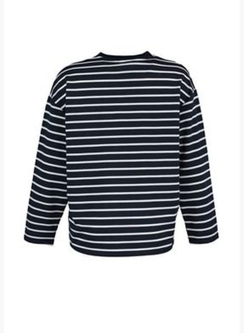 Navy Blue Striped Oversize/Wide Cut Crew Neck Slim Knit Sweatshirt TWOAW23SW00326