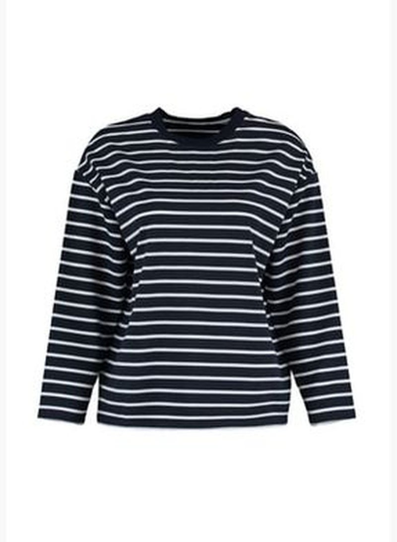 Navy Blue Striped Oversize/Wide Cut Crew Neck Slim Knit Sweatshirt TWOAW23SW00326