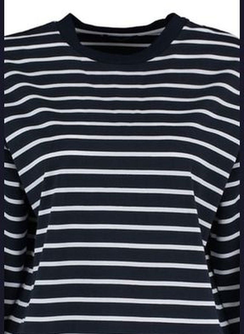 Navy Blue Striped Oversize/Wide Cut Crew Neck Slim Knit Sweatshirt TWOAW23SW00326