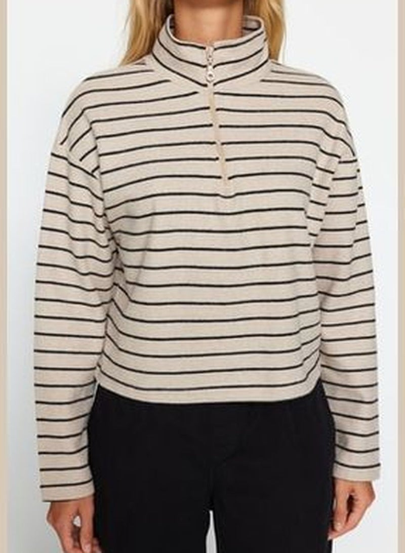 Light Beige Striped Thessaloniki Zippered Standing Collar Regular/Regular Knitted Sweatshirt TWOAW22SW0732.