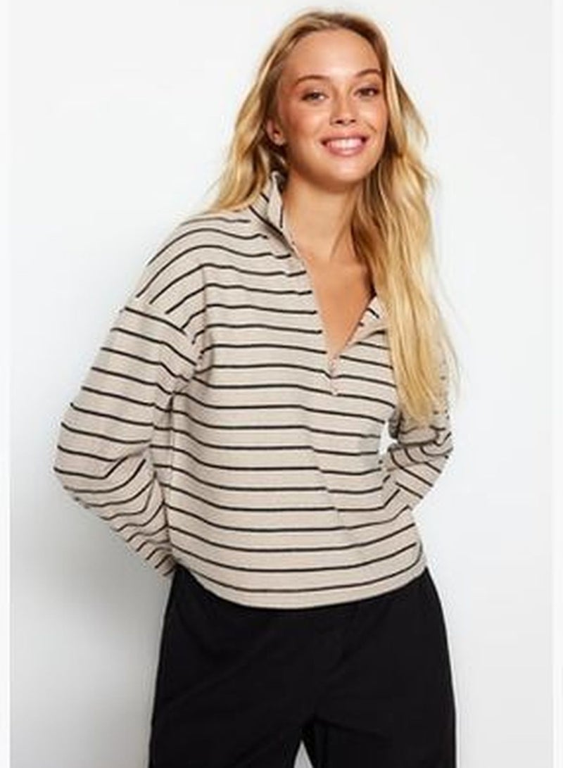 Light Beige Striped Thessaloniki Zippered Standing Collar Regular/Regular Knitted Sweatshirt TWOAW22SW0732.