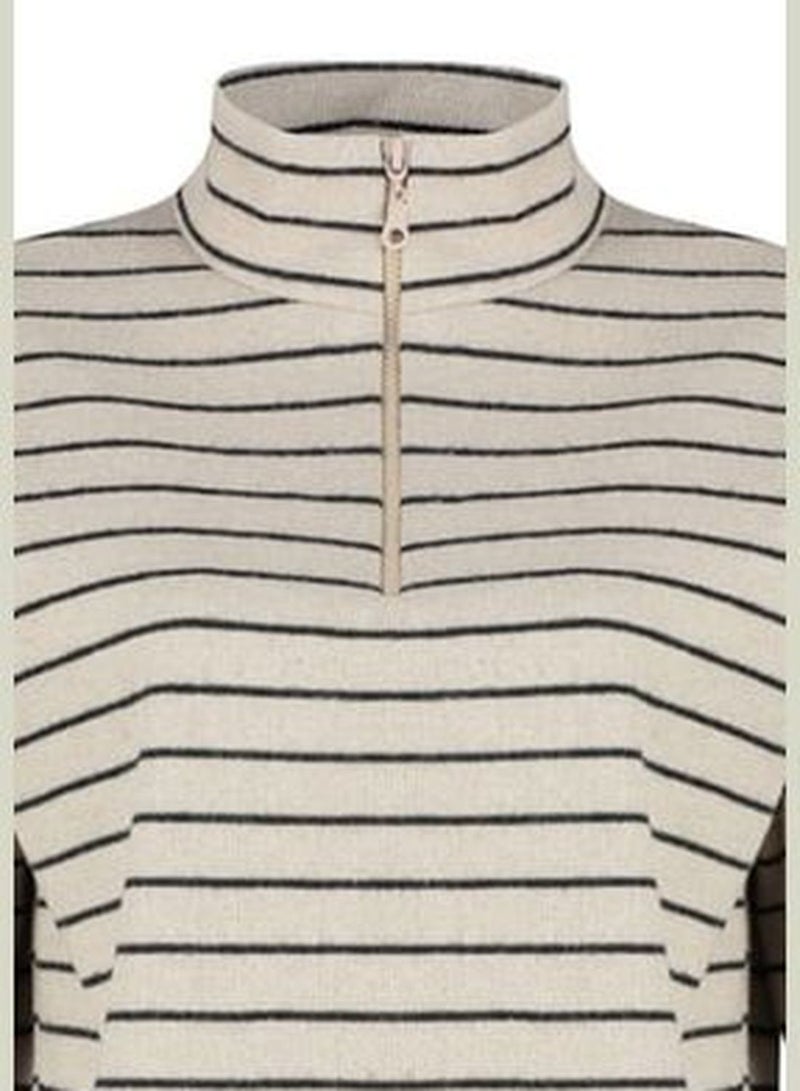 Light Beige Striped Thessaloniki Zippered Standing Collar Regular/Regular Knitted Sweatshirt TWOAW22SW0732.