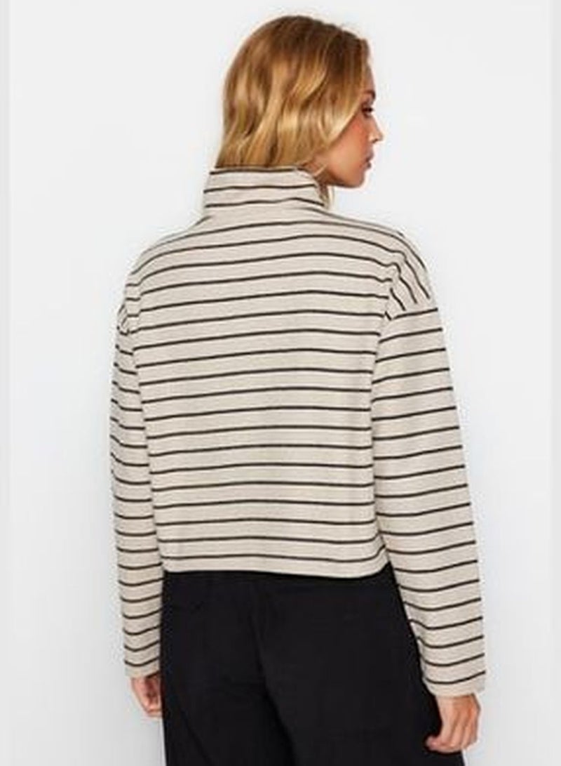 Light Beige Striped Thessaloniki Zippered Standing Collar Regular/Regular Knitted Sweatshirt TWOAW22SW0732.