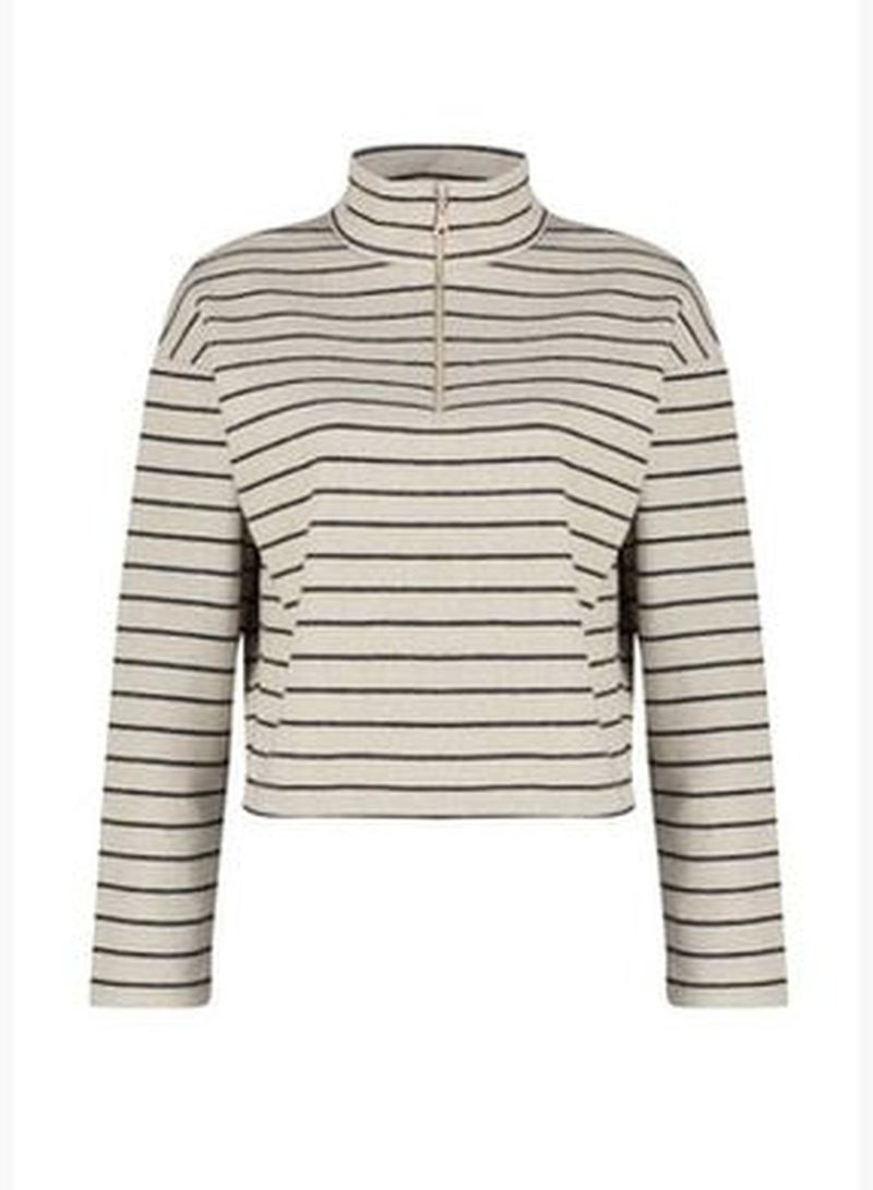 Light Beige Striped Thessaloniki Zippered Standing Collar Regular/Regular Knitted Sweatshirt TWOAW22SW0732.