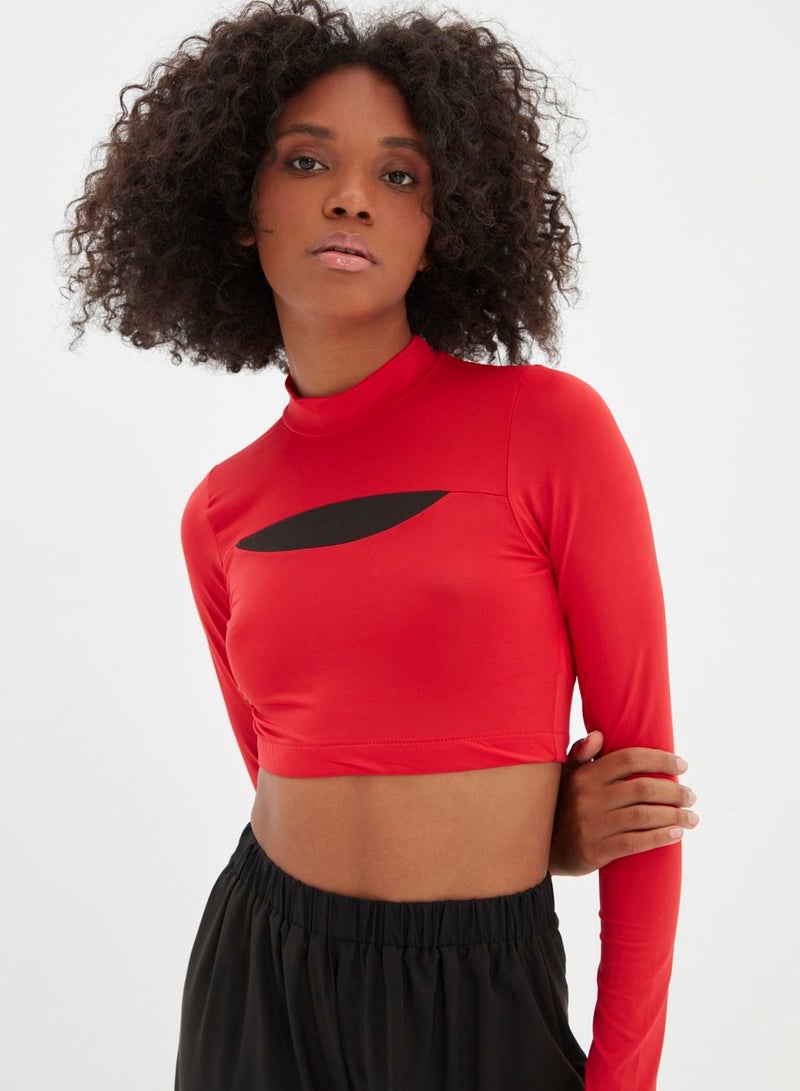 High Neck Cut Out Detail Crop Sweatshirt