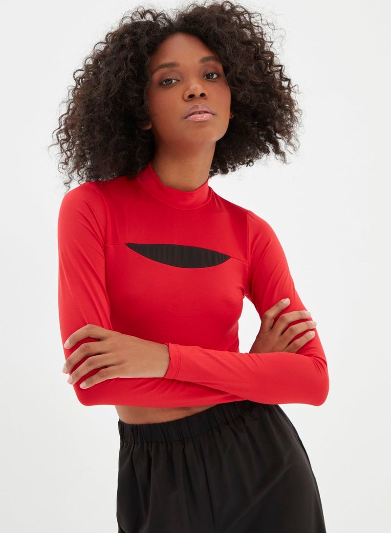 High Neck Cut Out Detail Crop Sweatshirt