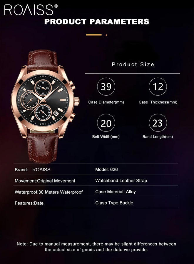 Men's Leather Strap Chronograph Quartz Watch Round Black Dial with Chronograph Subdials Waterproof Luminous Wristwatch as Gift for Men