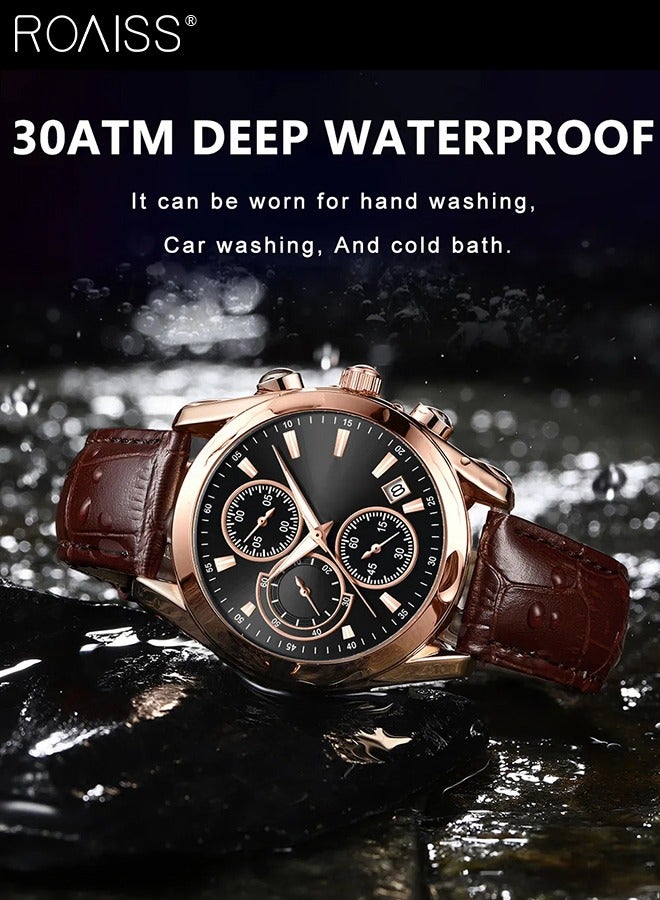 Men's Leather Strap Chronograph Quartz Watch Round Black Dial with Chronograph Subdials Waterproof Luminous Wristwatch as Gift for Men