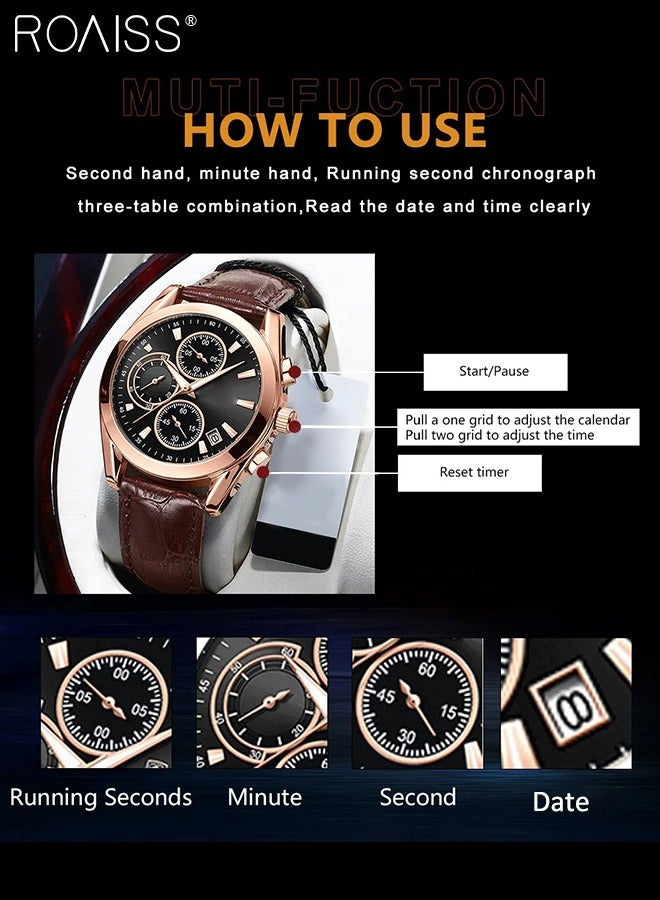 Men's Leather Strap Chronograph Quartz Watch Round Black Dial with Chronograph Subdials Waterproof Luminous Wristwatch as Gift for Men