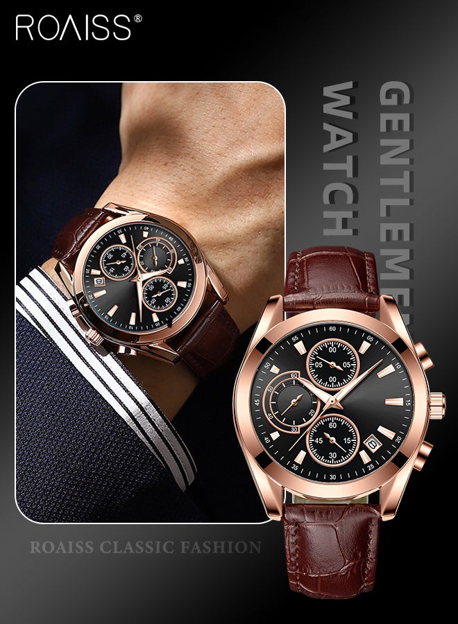 Men's Leather Strap Chronograph Quartz Watch Round Black Dial with Chronograph Subdials Waterproof Luminous Wristwatch as Gift for Men