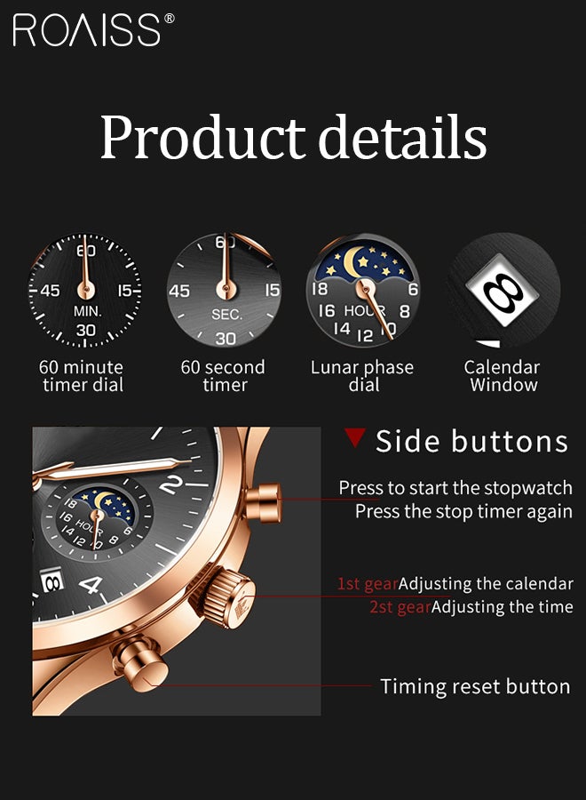 Men's Leather Strap Chronograph Quartz Watch Round Black Dial with Moon Phase and Calendar Display Waterproof Luminous Wristwatch as Gift for Men