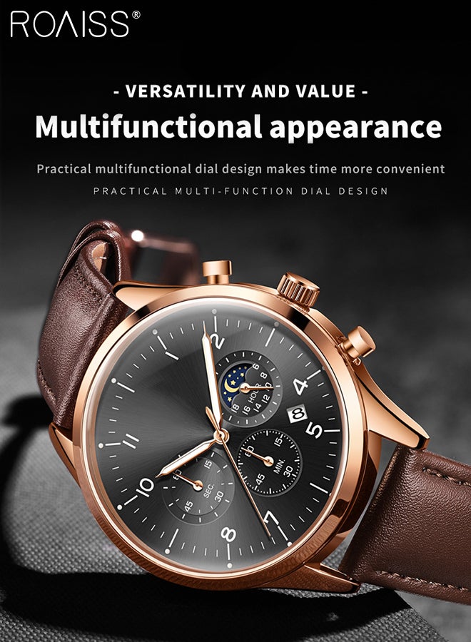 Men's Leather Strap Chronograph Quartz Watch Round Black Dial with Moon Phase and Calendar Display Waterproof Luminous Wristwatch as Gift for Men