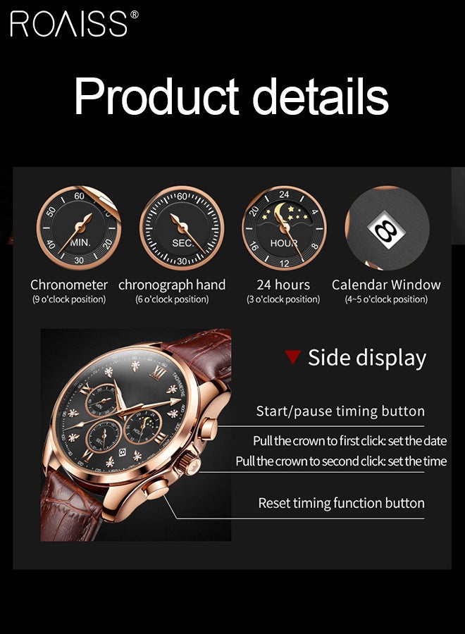 Men's Leather Strap Chronograph Quartz Watch Round Black Dial with Moon Phase and Calendar Display Waterproof Luminous Wristwatch as Gift for Men