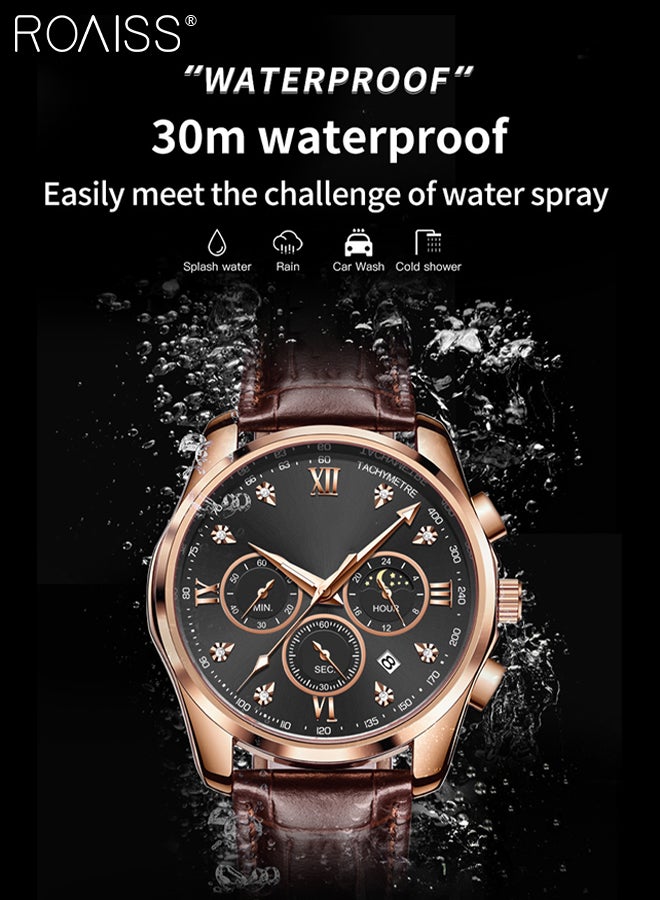 Men's Leather Strap Chronograph Quartz Watch Round Black Dial with Moon Phase and Calendar Display Waterproof Luminous Wristwatch as Gift for Men