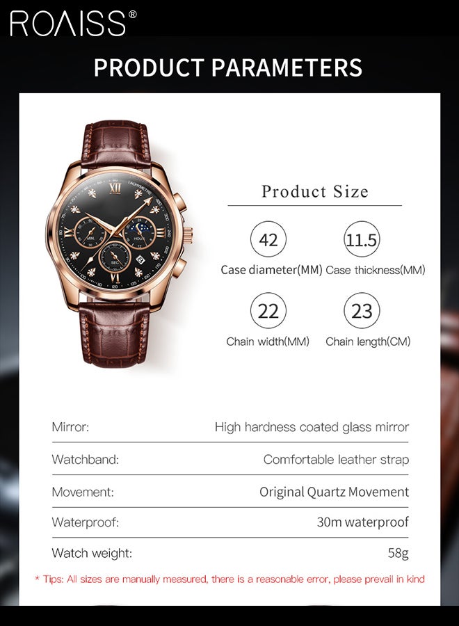 Men's Leather Strap Chronograph Quartz Watch Round Black Dial with Moon Phase and Calendar Display Waterproof Luminous Wristwatch as Gift for Men