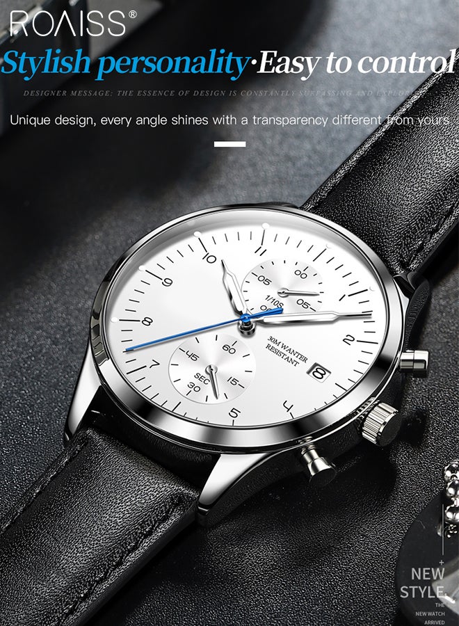 Men's Leather Strap Chronograph Quartz Watch Round White Dial with Chronograph Subdials Waterproof Luminous Wristwatch as Gift for Men