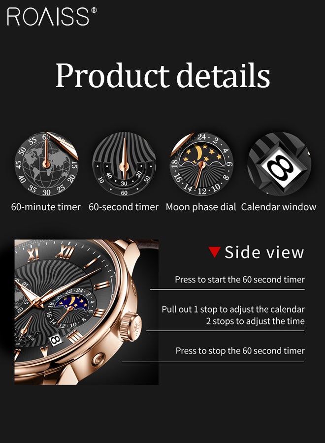 Men's Leather Strap Chronograph Quartz Watch Round Black Dial with Moon Phase and Calendar Display Waterproof Luminous Wristwatch as Gift for Men