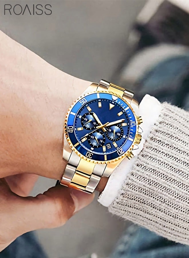 Men's Stainless Steel Strap Quartz Watch Analog Display Round Blue Dial with Calendar Display Waterproof Luminous Wristwatch as Gift for Men