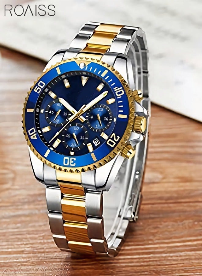 Men's Stainless Steel Strap Quartz Watch Analog Display Round Blue Dial with Calendar Display Waterproof Luminous Wristwatch as Gift for Men