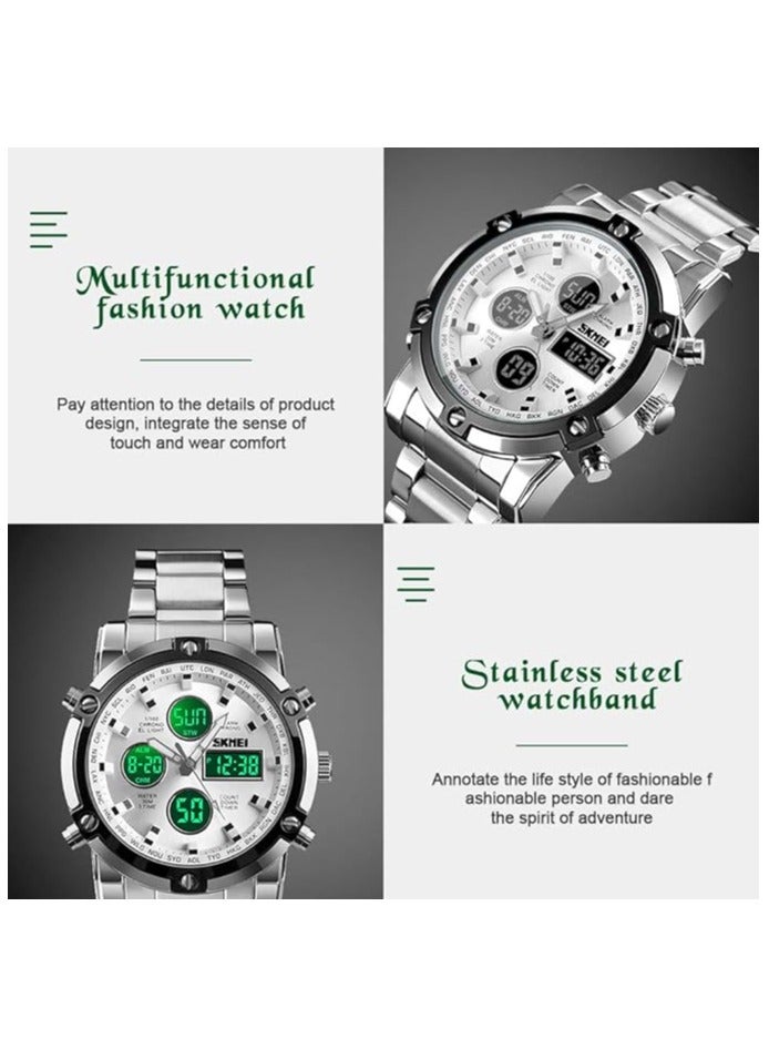 SKMEI Mens Wrist Watch, Waterproof Military Analog Digital Watches with LED Multi Time Chronograph, Stainless Steel Business Watches for Men