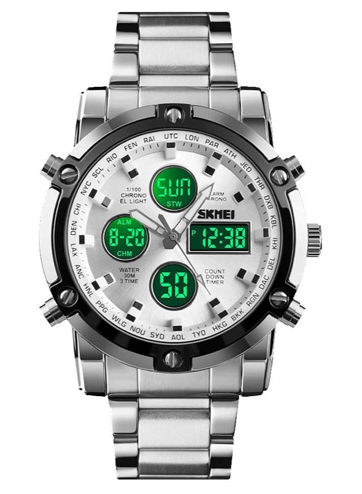 SKMEI Mens Wrist Watch, Waterproof Military Analog Digital Watches with LED Multi Time Chronograph, Stainless Steel Business Watches for Men