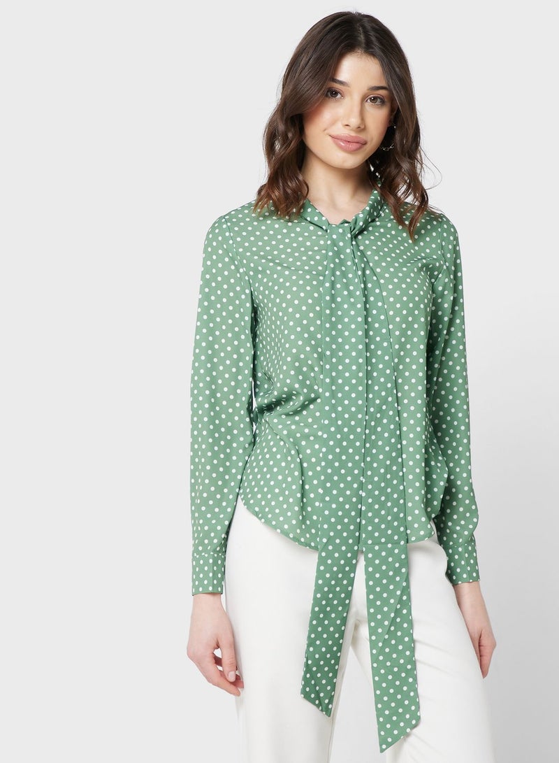 Dot Printed Front Tie Shirt