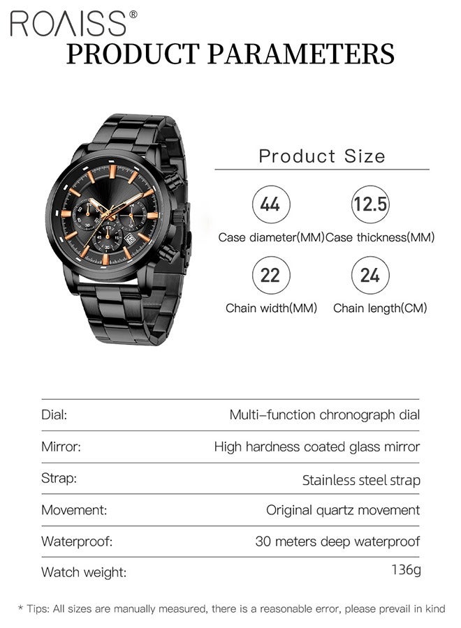 Men's Stainless Steel Strap Chronograph Quartz Watch Round Dial Casual Sport Design 30M Waterproof Luminous Wristwatch as Gift for Men