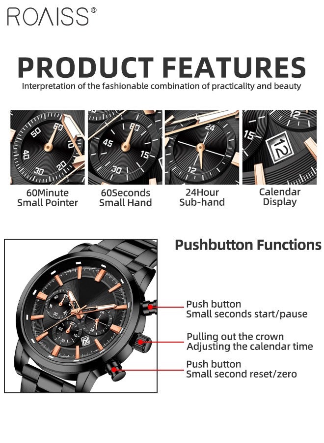 Men's Stainless Steel Strap Chronograph Quartz Watch Round Dial Casual Sport Design 30M Waterproof Luminous Wristwatch as Gift for Men