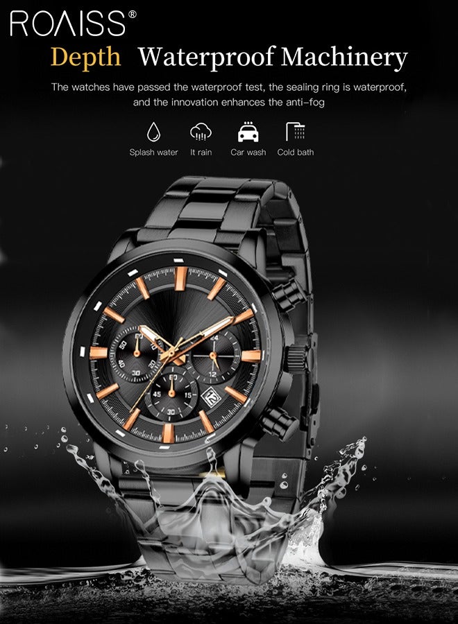 Men's Stainless Steel Strap Chronograph Quartz Watch Round Dial Casual Sport Design 30M Waterproof Luminous Wristwatch as Gift for Men