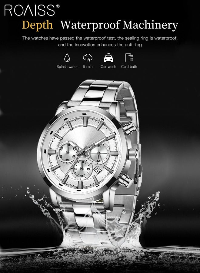 Men's Stainless Steel Strap Chronograph Quartz Watch Round Dial Casual Sport Design 30M Waterproof Luminous Wristwatch as Gift for Men