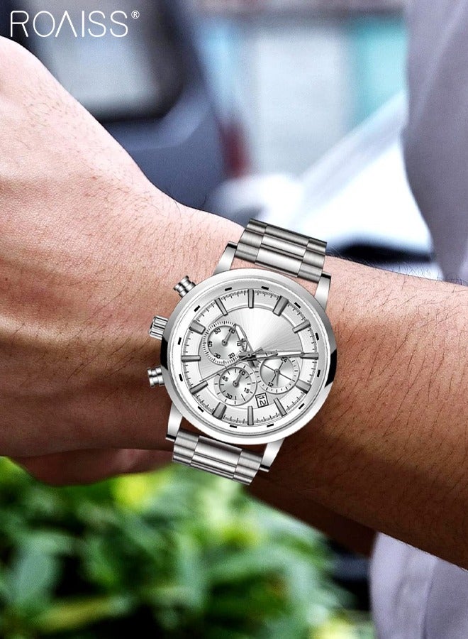 Men's Stainless Steel Strap Chronograph Quartz Watch Round Dial Casual Sport Design 30M Waterproof Luminous Wristwatch as Gift for Men