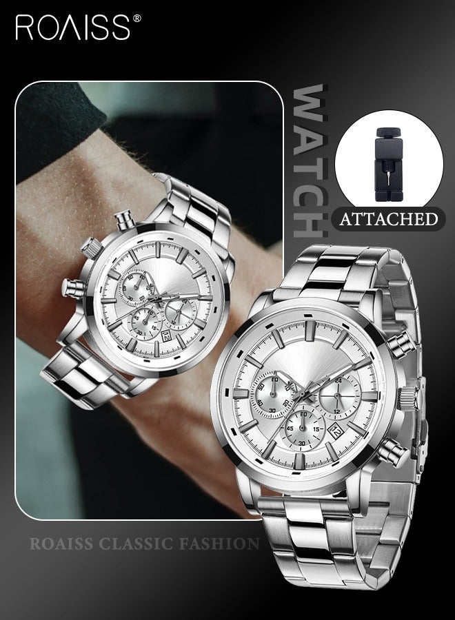 Men's Stainless Steel Strap Chronograph Quartz Watch Round Dial Casual Sport Design 30M Waterproof Luminous Wristwatch as Gift for Men