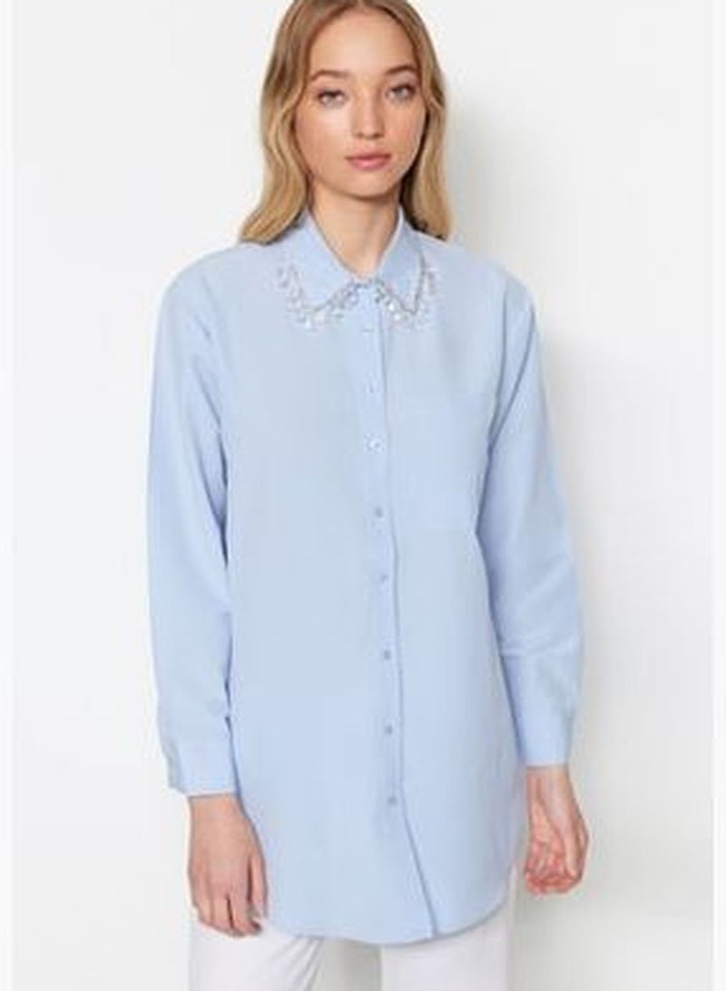 Blue Collar Woven Cotton Shirt with Accessory Detail TCTSS23TG00014