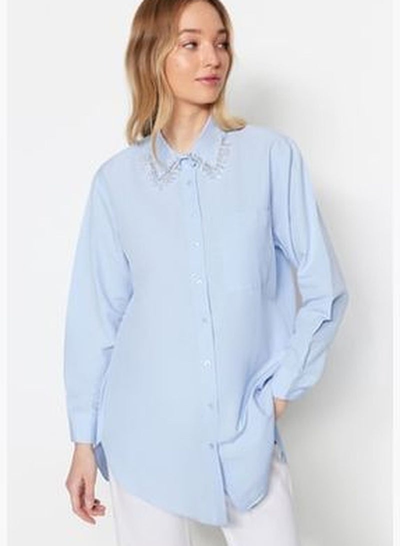 Blue Collar Woven Cotton Shirt with Accessory Detail TCTSS23TG00014