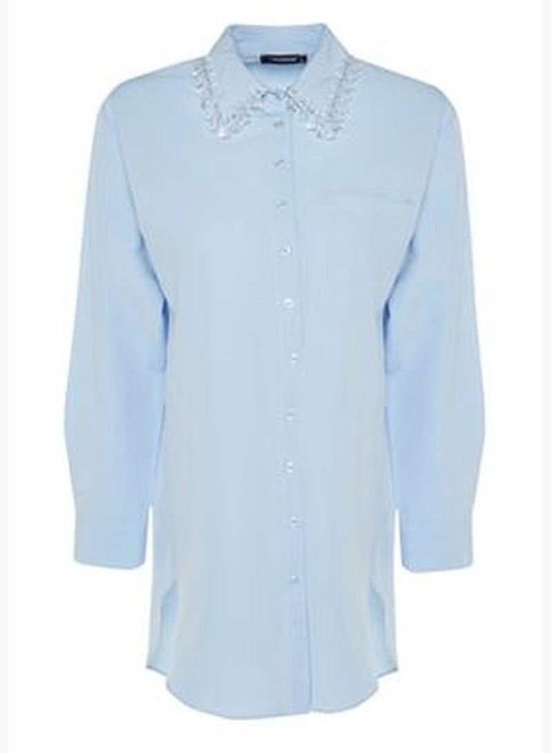 Blue Collar Woven Cotton Shirt with Accessory Detail TCTSS23TG00014