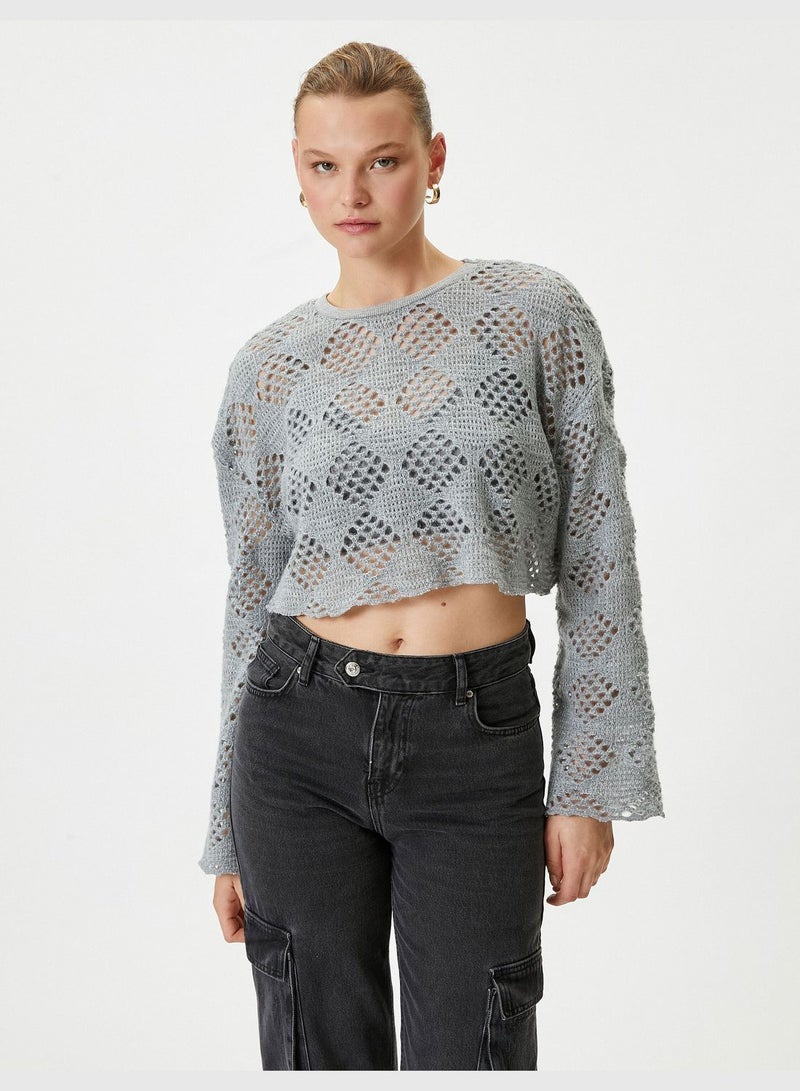 Long Sleeve Crew Neck Ajoure Crop Sweater