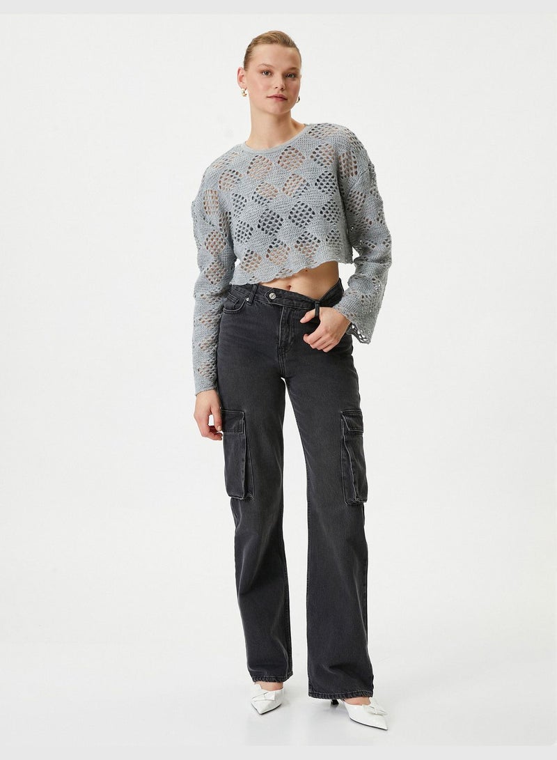 Long Sleeve Crew Neck Ajoure Crop Sweater